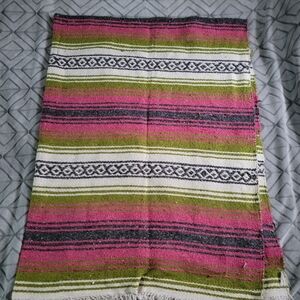 Vintage Artesanias Reyes Striped Serape Fringe Blanket Throw Pink Green Mexico